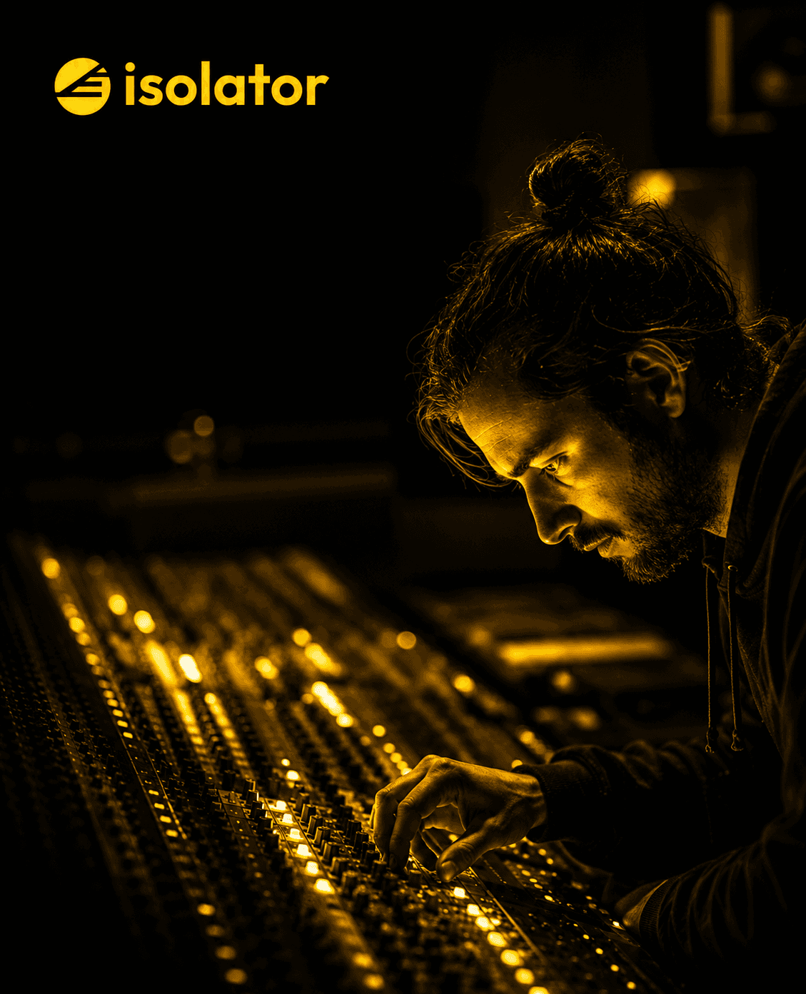 Isolator social campaign post — producer at a mixing desk.