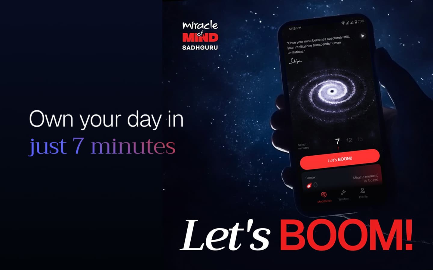 Miracle of Mind — guided meditation app interface.
