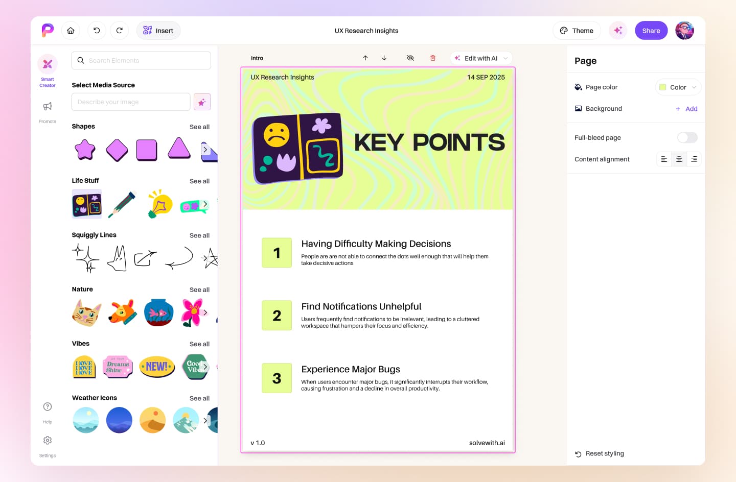 prepackaged.ai — content creation and theme selection in use.