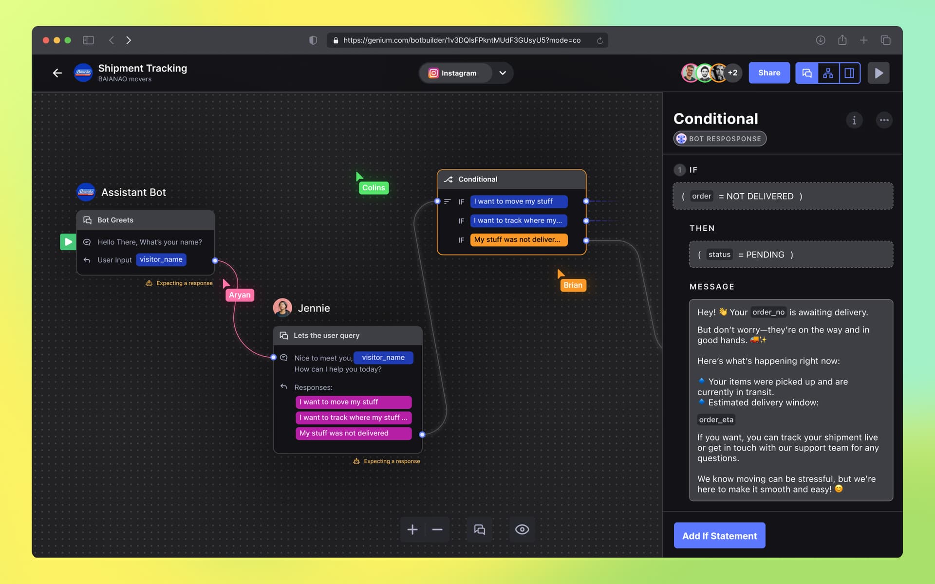 Genium platform screens and agent workflow states.